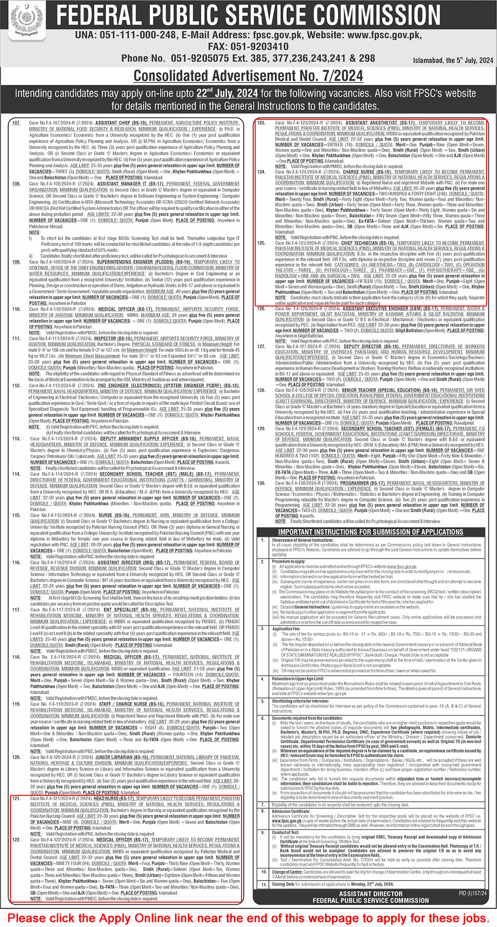 PIMS Hospital Islamabad Jobs July 2024 FPSC Apply Online Nurses